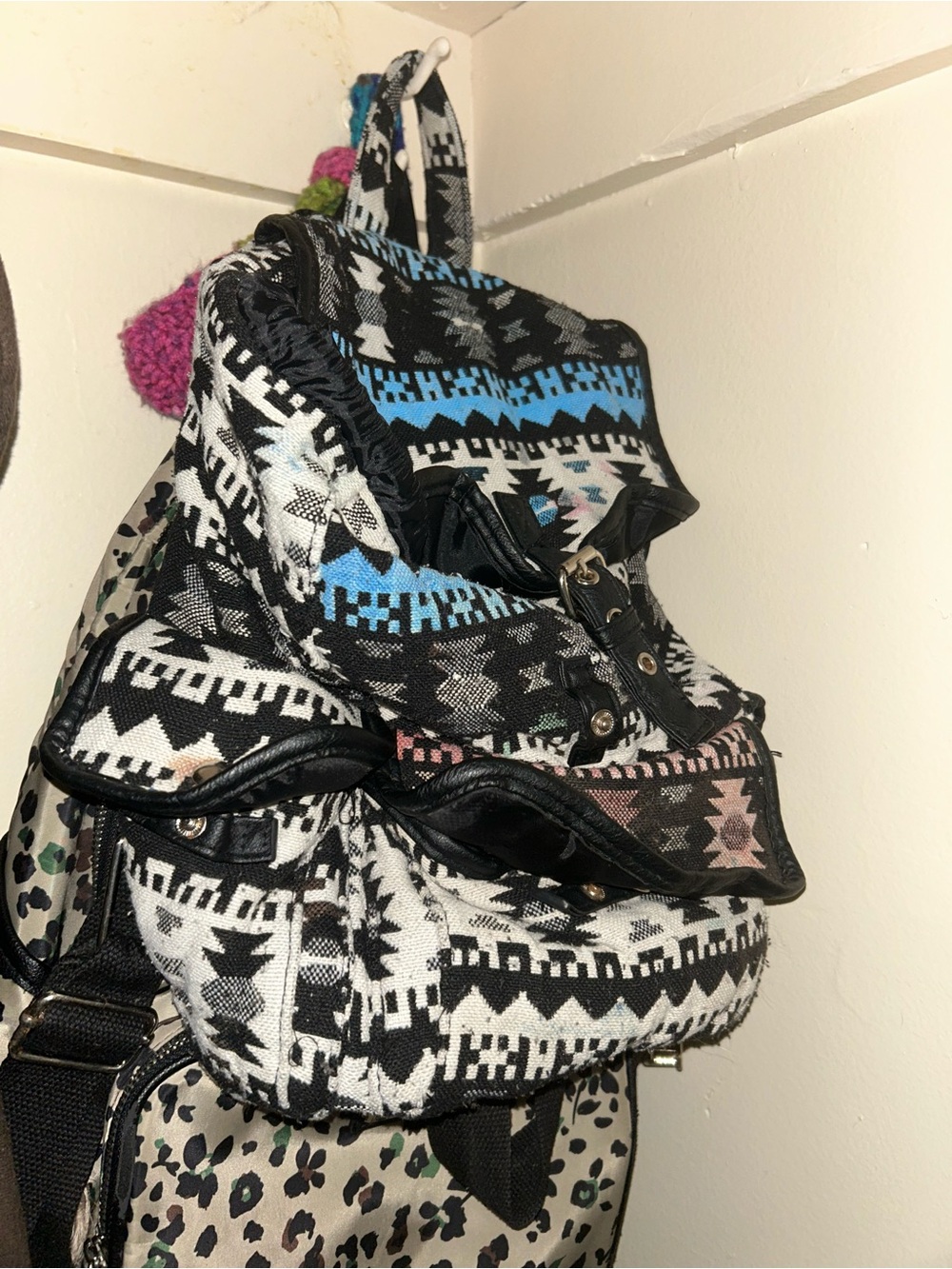 Boho Aztec Pattern Drawstring Backpack in Black, White & Blue